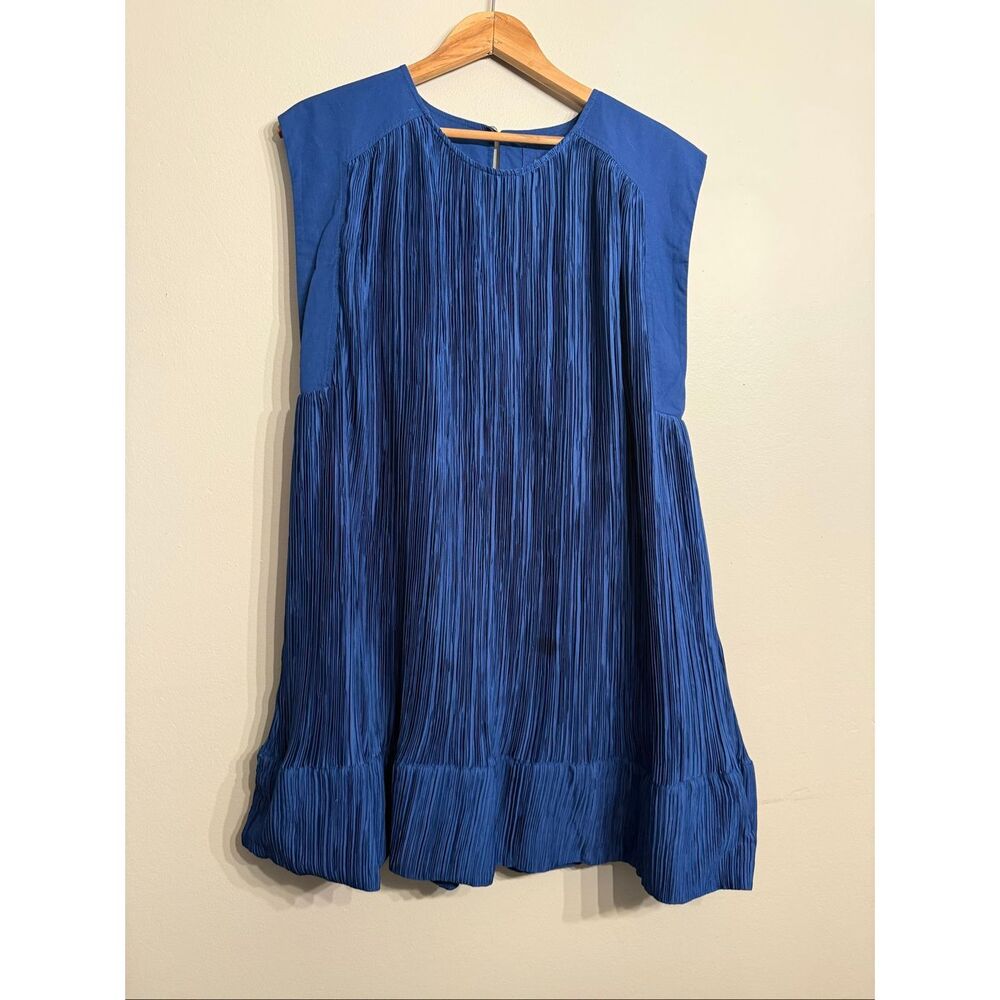 Anthropologie Blue Cap-Sleeve Plissé Pleated Jewel Neck Mini Swing Dress Small